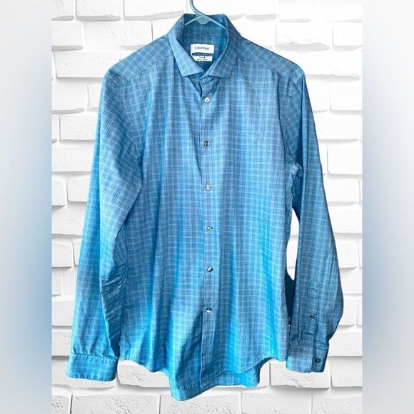 Calvin Klein Men’s Large Steel+ Slim Fit Stretch Blue Stripe Shirt • Button Up - Picture 1 of 8